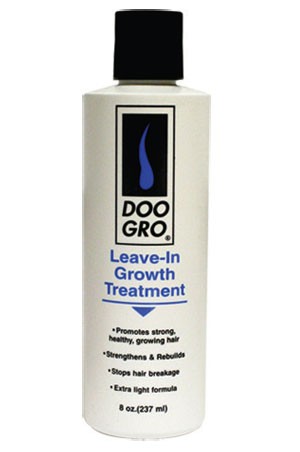A bottle of DOO GRO Leave-In Growth Treatment, 8 oz size, with blue and white labeling.